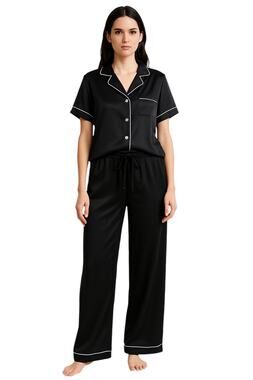 Revelry Black Satin Silk Short Sleeve Button Up Sleepwear Pajamas Pants Set L/XL